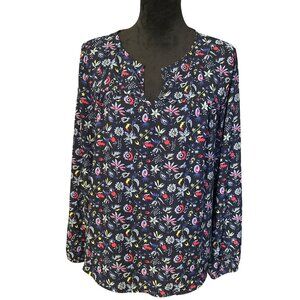 Gap Black Long-Sleeve Floral Print Blouse With Split Neckline Womens Size L